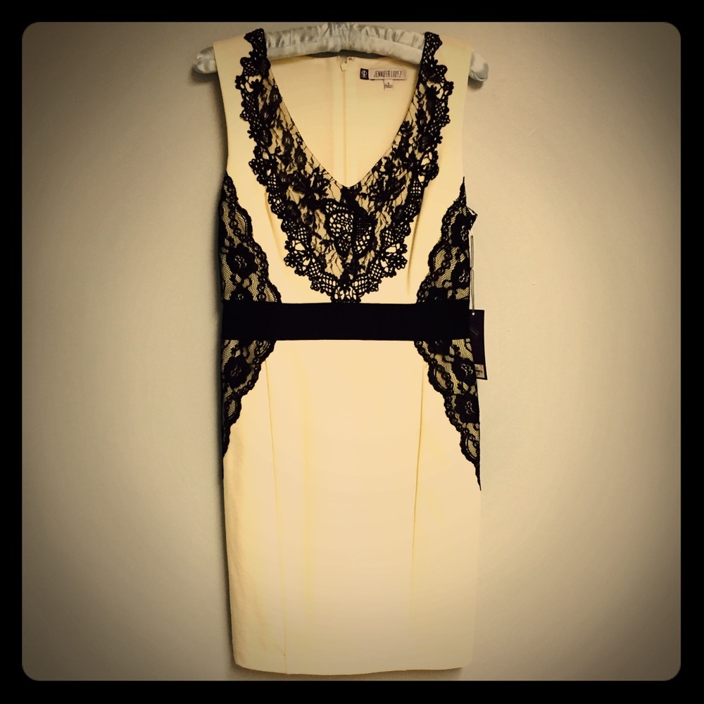 Jennifer Lopez NWT Cream with Black Lace Dress